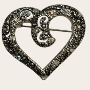 Vintage Silver-Tone Heart Shaped Brooch With Rhinestone Accents & Intricate Scro